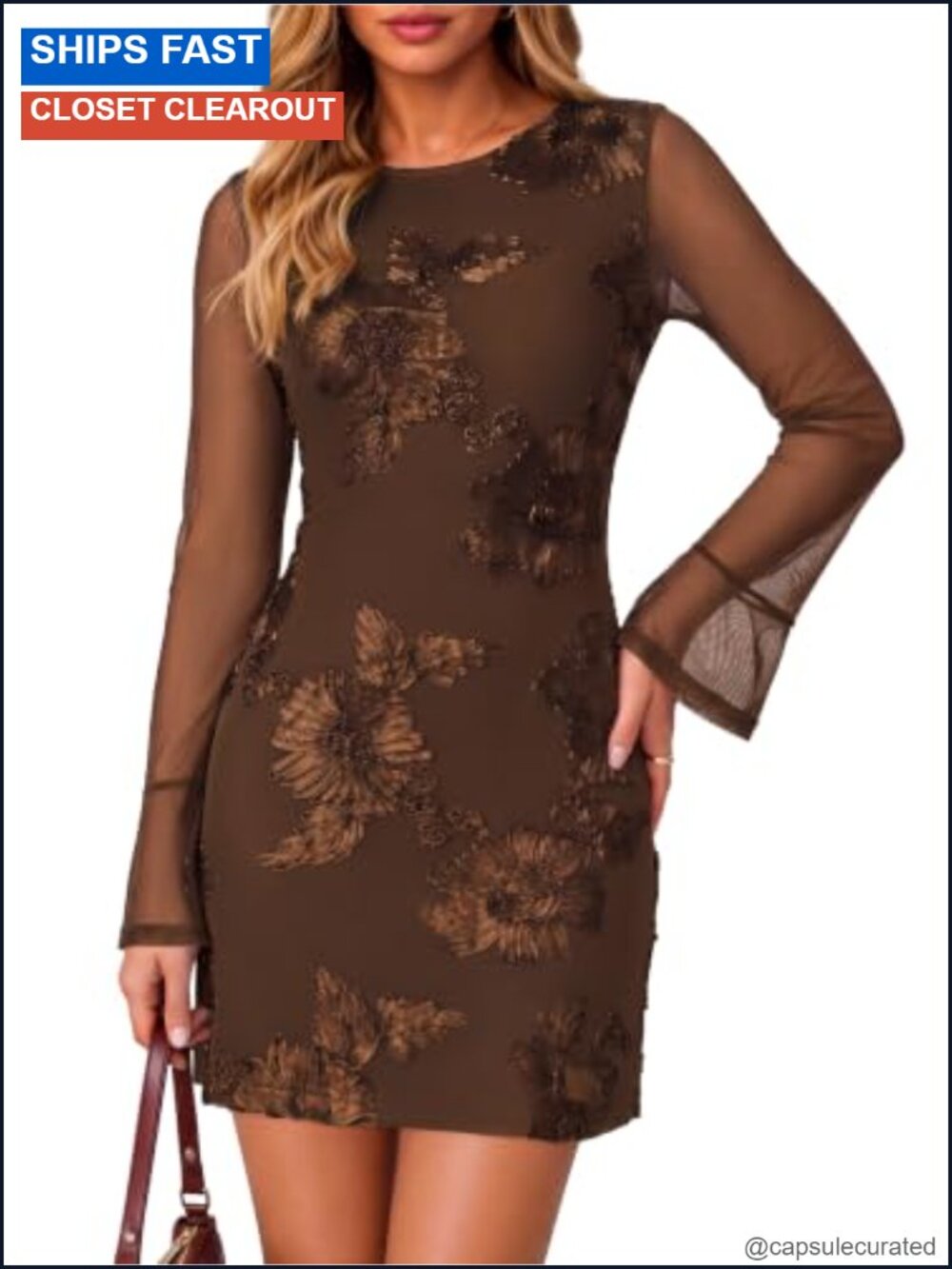 Women's Mini Bodycon Mesh Dress Floral Embroidery Long Sleeve Wedding Guest